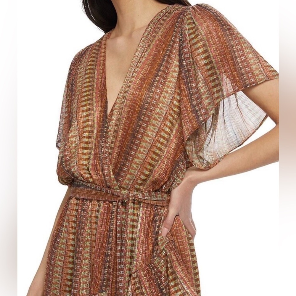 Ramy Brook Chelsea Mini Dress Belted Brown/Green Metallic Ruffle Hem Fairy Core - Picture 3 of 16